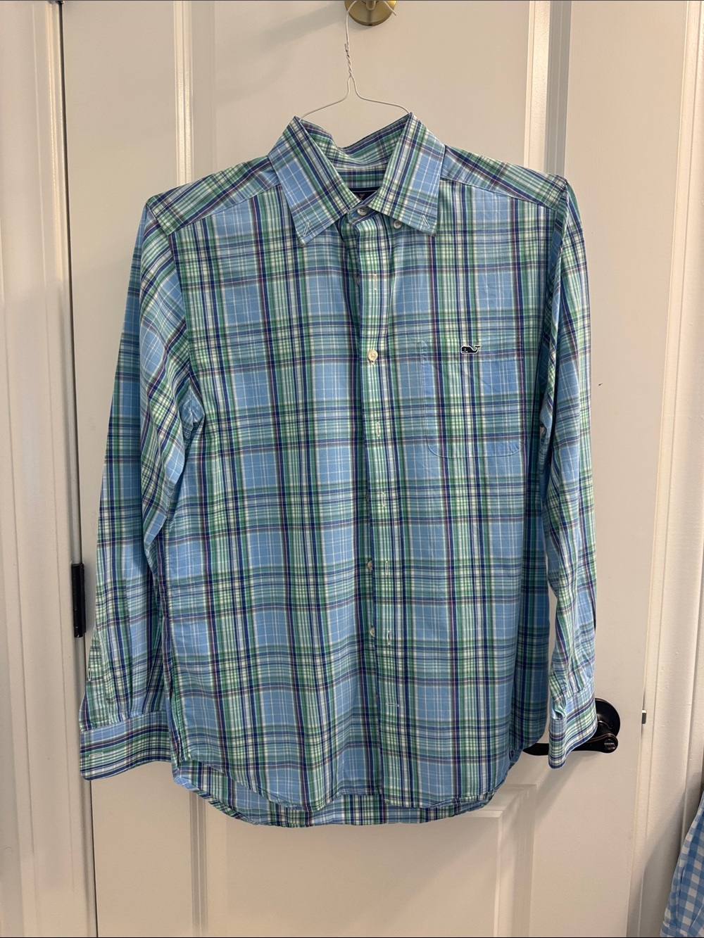 Vineyard Vines Light Blue and Green Plaid Button-Down Shirt